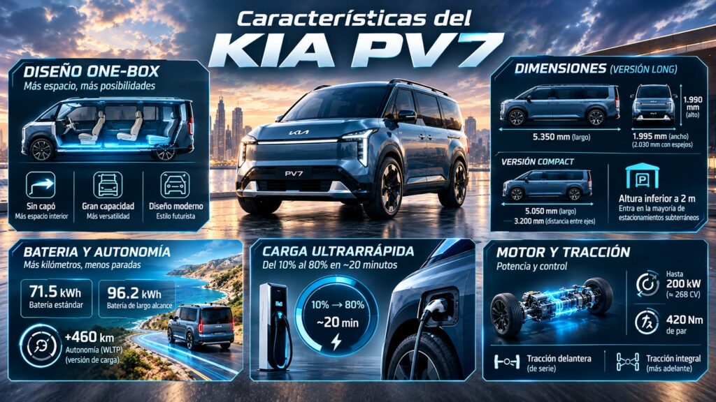 Infografía detallada de las características de la furgoneta eléctrica Kia PV7, destacando su diseño One-Box, dimensiones, opciones de batería y autonomía, carga ultrarrápida, motor y tracción.