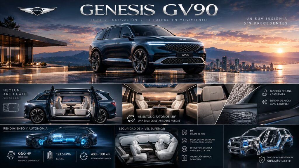 Infografía detallada de las características del SUV eléctrico Genesis GV90, destacando su diseño, interior de lujo con asientos giratorios, rendimiento y sistemas de seguridad avanzada.