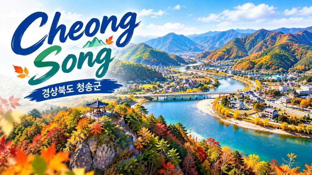 Vista panorámica del condado de Cheongsong en Gyeongsangbuk-do, mostrando montañas, un río serpenteante y follaje otoñal con el título principal de la región.