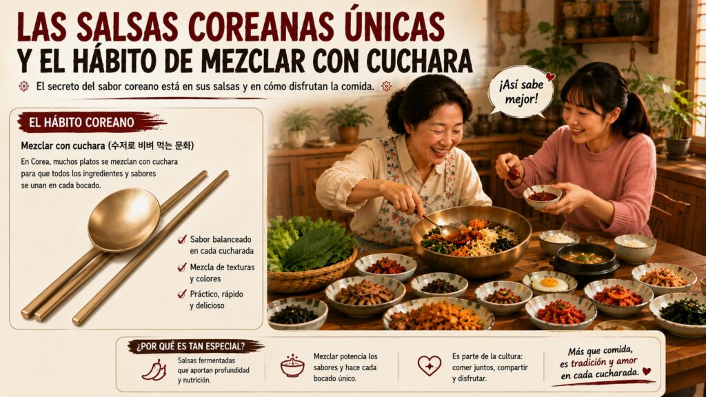 Infografía sobre la cultura culinaria coreana de mezclar todo con cuchara y salsas especiales