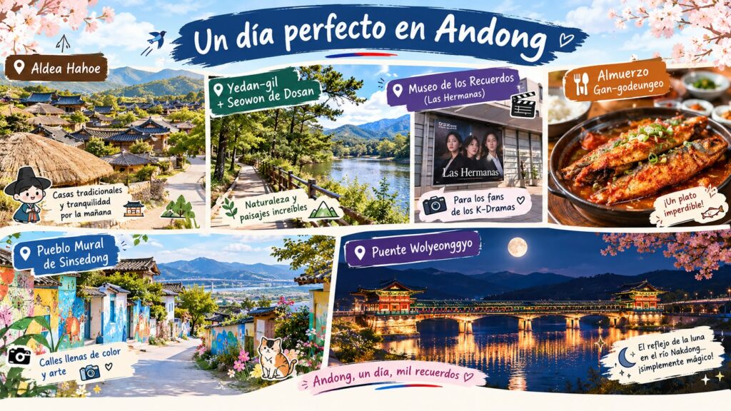 Infografía de la ruta turística recomendada de un día en Andong, destacando la Aldea Hahoe, el Seowon de Dosan, el almuerzo de Gan-godeungeo, el pueblo mural de Sinsedong y el puente Wolyeonggyo.