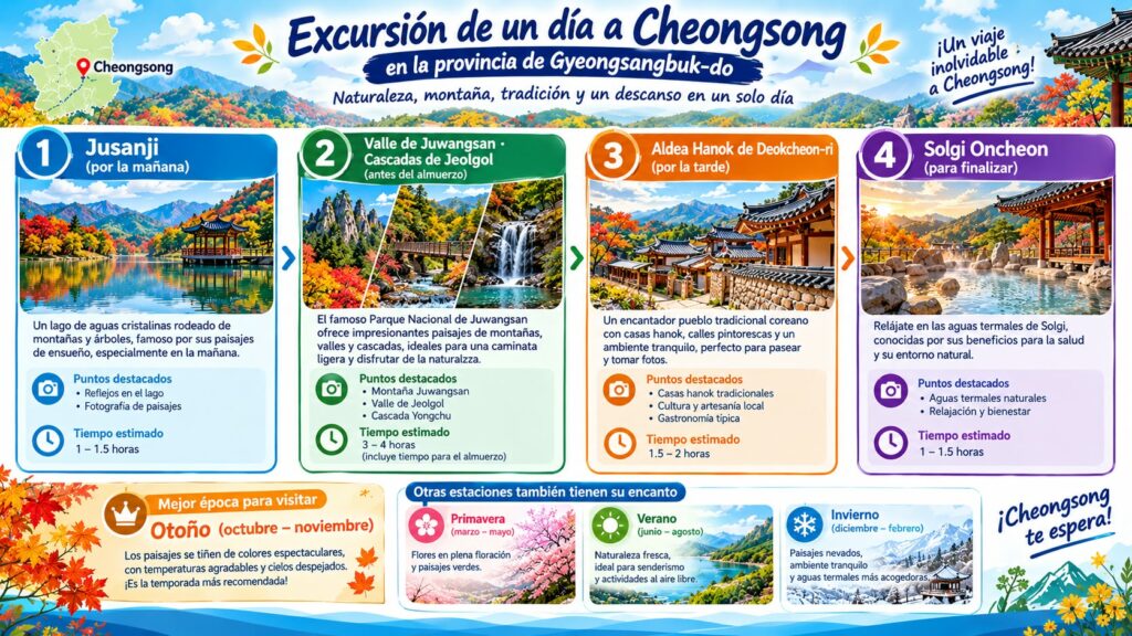 Infografía de la ruta turística recomendada de un día en Cheongsong, Gyeongsangbuk-do, que incluye paradas como el lago Jusanji, el Parque Nacional de Juwangsan, la aldea hanok de Deokcheon-ri y las aguas termales de Solgi Oncheon.