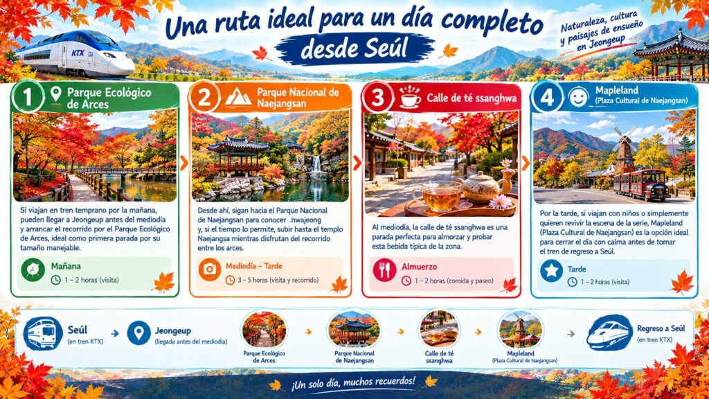 Infografía de la ruta turística recomendada de un día en Jeongeup desde Seúl, detallando paradas como el Parque Ecológico de Arces, el Parque Nacional de Naejangsan, la calle de té ssanghwa y Mapleland.