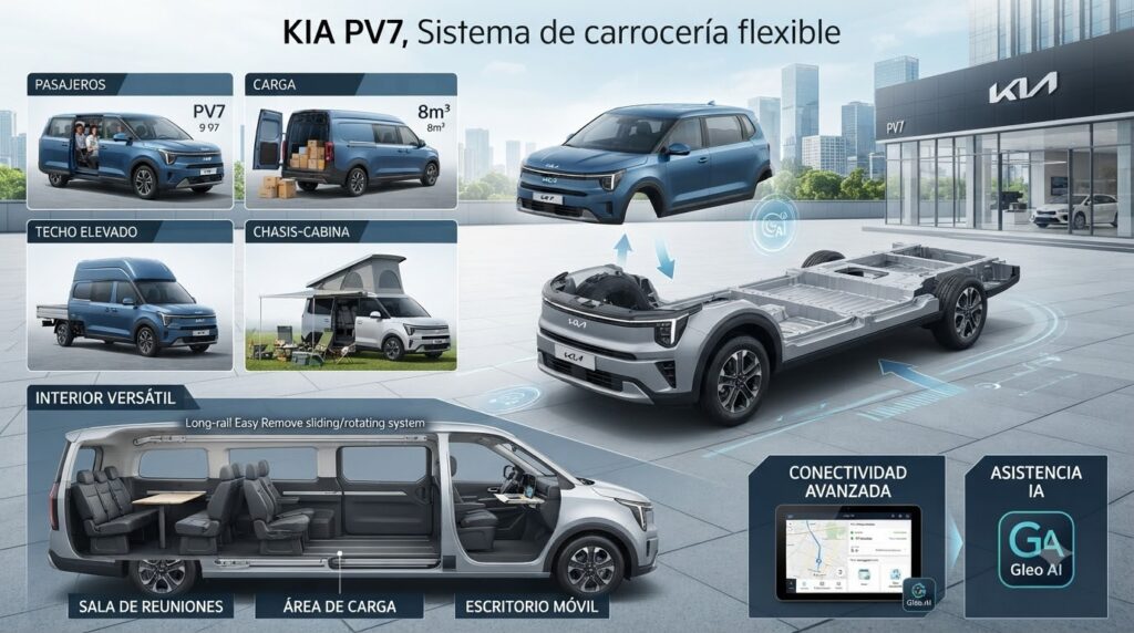 Infografía que muestra la flexibilidad y versatilidad del sistema de carrocería del Kia PV7, incluyendo configuraciones para pasajeros, carga, techo elevado, chasis-cabina e interior versátil con conectividad avanzada y asistencia por IA.