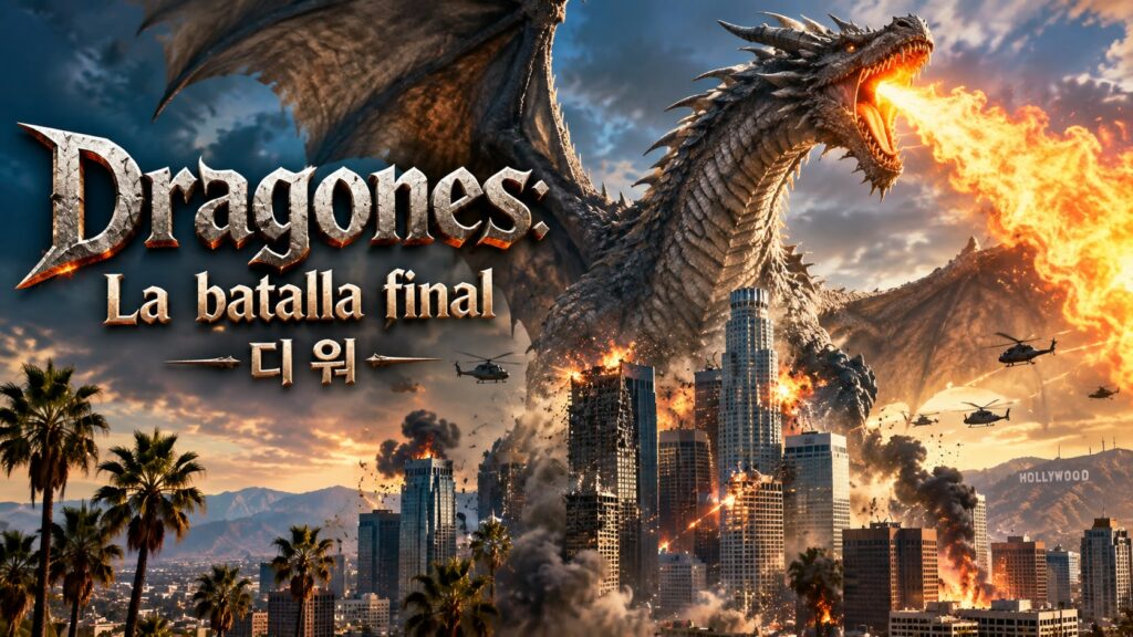 Imagen representativa de la película coreana Dragones: La batalla final (디워), que muestra un enorme dragón exhalando fuego sobre los rascacielos de una ciudad en llamas.