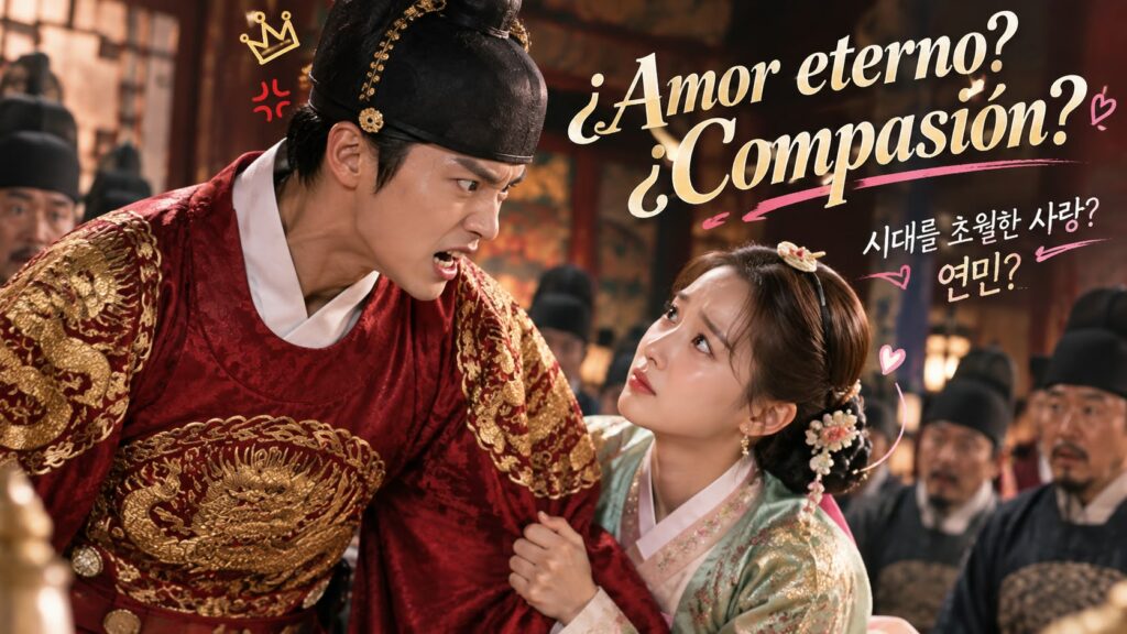 Escena dramática del K-drama de Netflix Bon appétit, majestad que muestra una intensa interacción entre el rey tirano y la protagonista, cuestionando los límites entre el amor eterno y la compasión.
