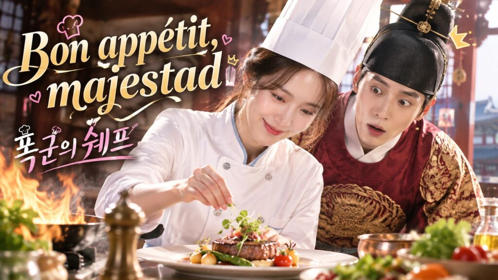 Imagen representativa del K-drama de Netflix Bon appétit, majestad (폭군의 쉐프), que muestra a una chef con uniforme de alta cocina francesa preparando un plato y a un rey de la dinastía Joseon observando con asombro.