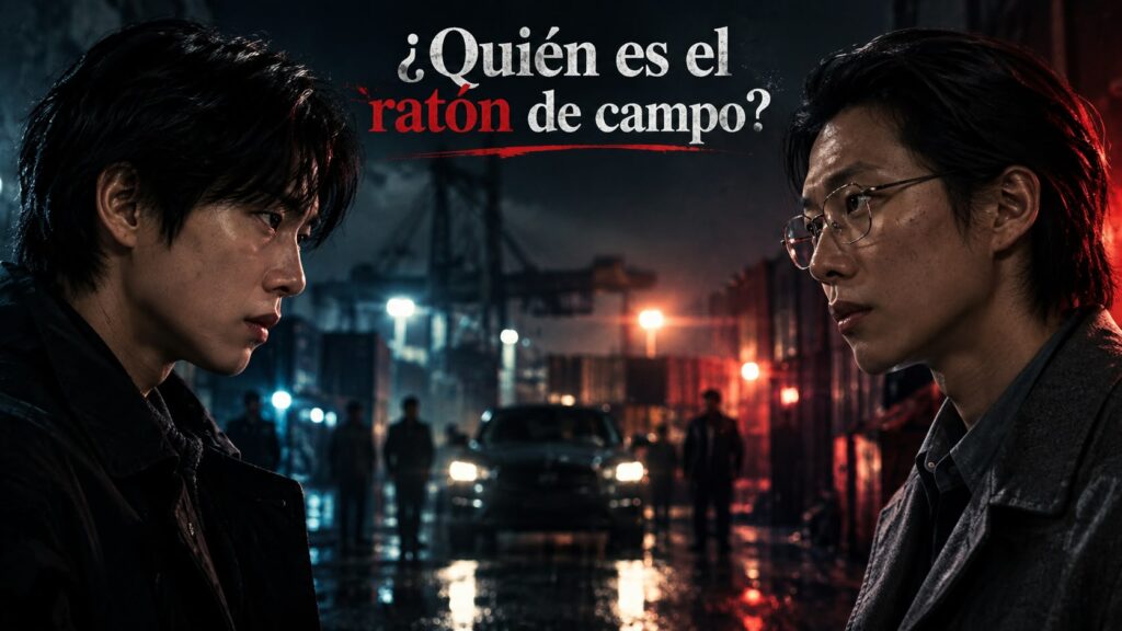 Imagen conceptual del thriller de Netflix Ratonera con la pregunta en español "¿Quién es el ratón de campo?", mostrando a los protagonistas en una atmósfera de tensión e intriga