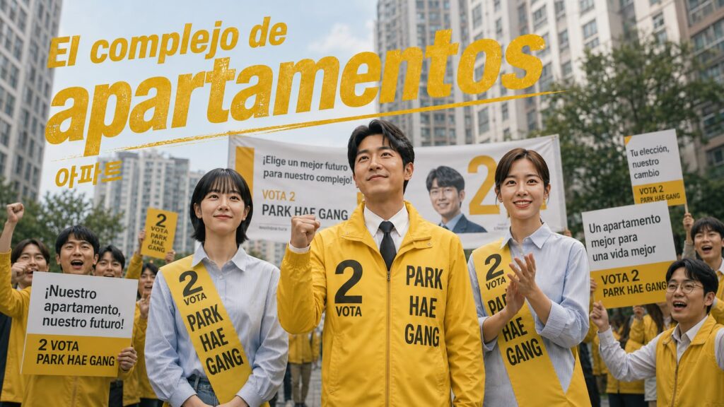 Ji Sung y sus compañeros haciendo campaña electoral para la presidencia de la comunidad en la serie El complejo de apartamentos