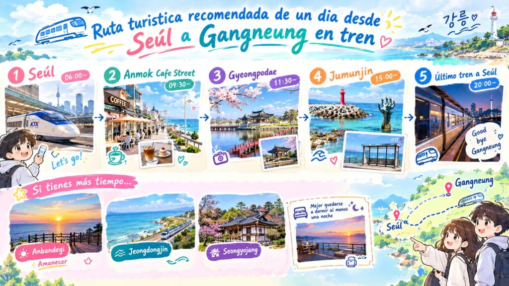 Ruta turística recomendada de un día en tren desde Seúl a Gangneung, mostrando paradas cronológicas como la salida en Seúl, la calle de los cafés Anmok, Gyeongpodae, el rompeolas de Jumunjin y el tren de regreso por la noche.