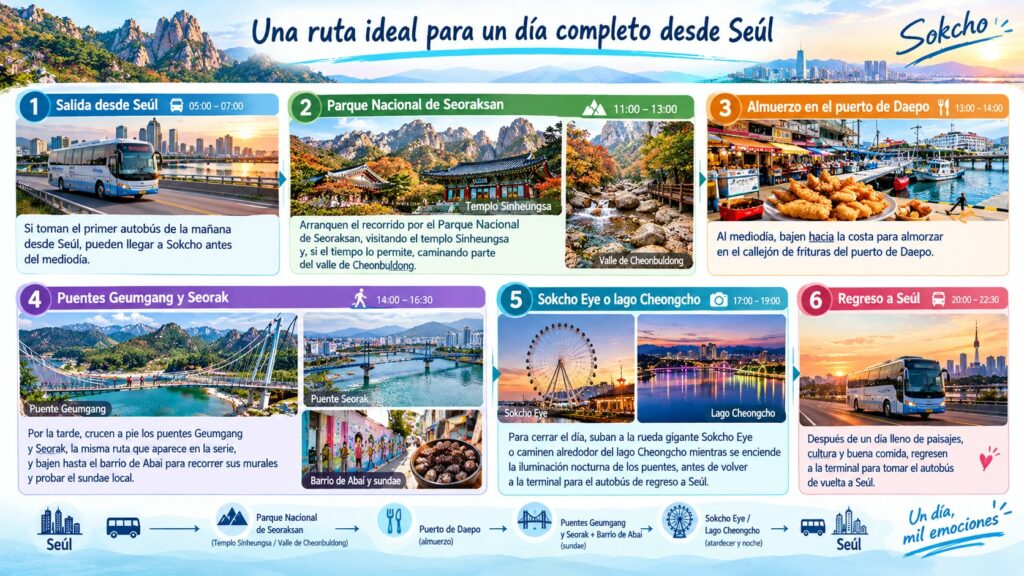 Infografía de la ruta turística recomendada de un día en Sokcho desde Seúl, detallando paradas como el Parque Nacional de Seoraksan, el puerto de Daepo, los puentes Geumgang y Seorak, el barrio de Abai y Sokcho Eye.