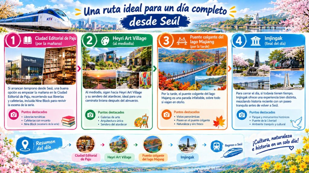 Infografía de la ruta turística recomendada de un día en Paju desde Seúl, detallando paradas como la Ciudad Editorial de Paju, Heyri Art Village, el puente colgante del lago Majang e Imjingak.