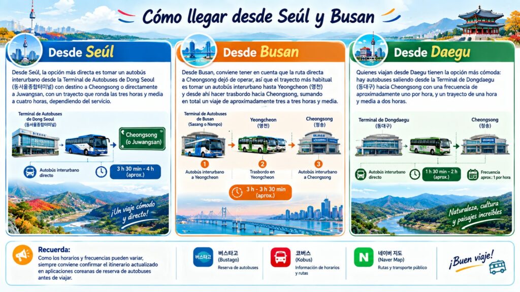 Guía de transporte para llegar a Cheongsong desde Seúl, Busan y Daegu, detallando rutas de autobuses interurbanos, tiempos estimados y enlaces de utilidad.