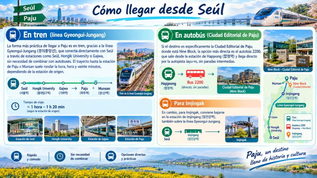 Guía de transporte público para llegar a Paju desde Seúl, detallando opciones en tren por la línea Gyeongui-Jungang, autobuses directos y rutas hacia Imjingak.