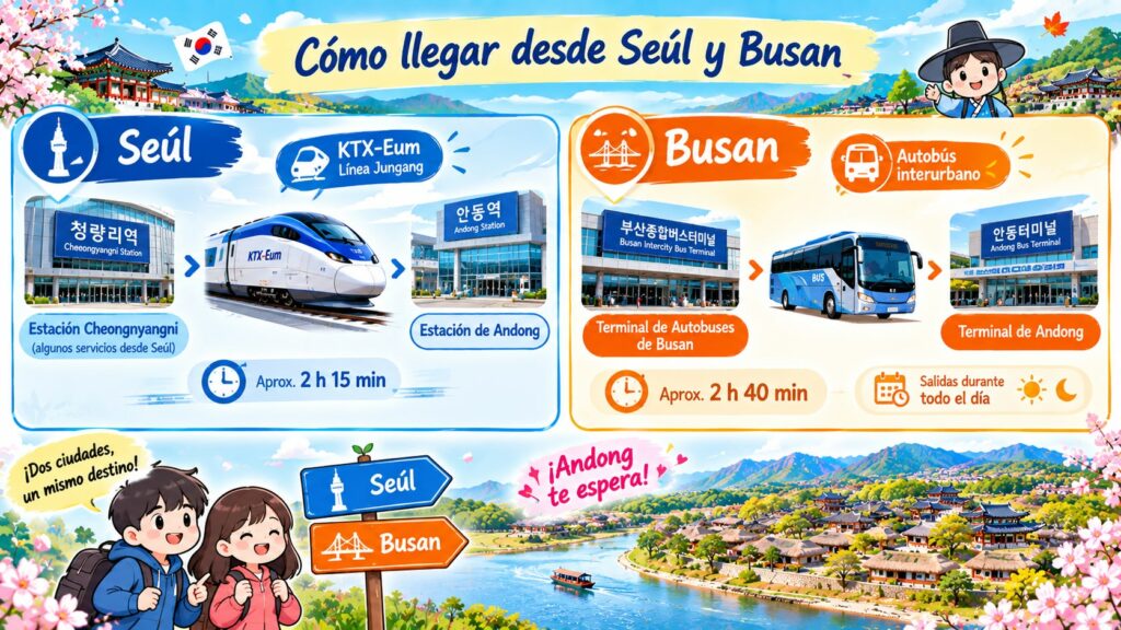 Guía de transporte público para llegar a Andong desde Seúl en KTX-Eum y desde Busan en autobús interurbano, detallando tiempos estimados de viaje.