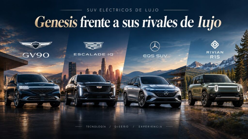 Comparativa visual de SUVs eléctricos de lujo, mostrando el Genesis GV90 junto a sus principales rivales del mercado como el Cadillac Escalade IQ, el Mercedes-Benz EQS SUV y el Rivian R1S.