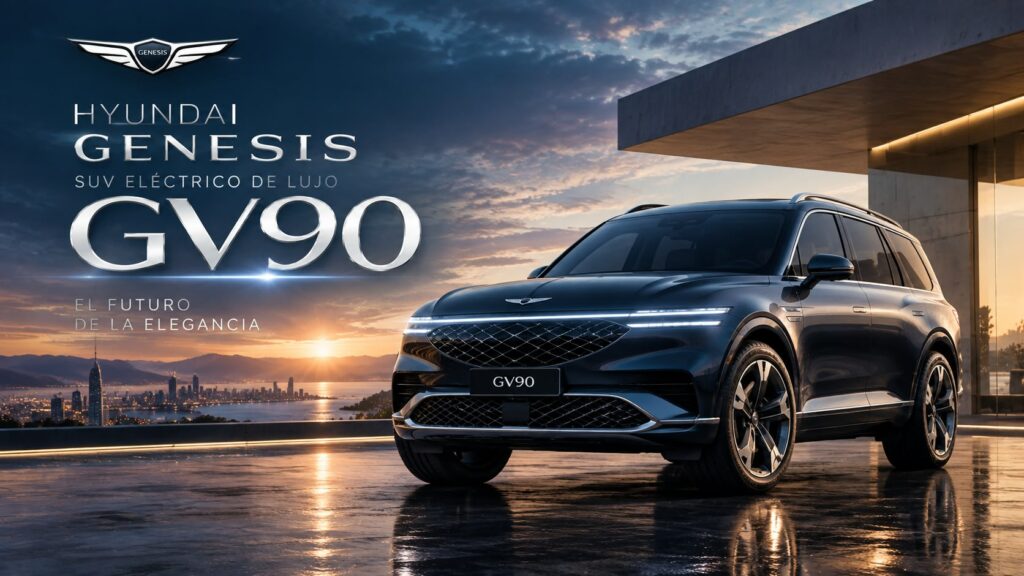 Vista exterior del lujoso SUV eléctrico Genesis GV90 estacionado frente a un edificio moderno con un atardecer de fondo, destacando su diseño elegante y futurista.