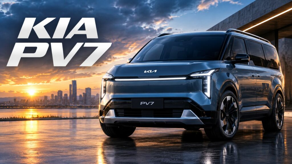 Vista exterior de la furgoneta eléctrica comercial Kia PV7 estacionada frente a un paisaje urbano al atardecer, destacando su diseño moderno y futurista.