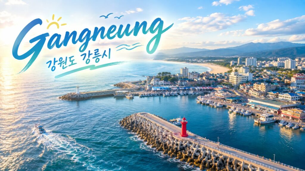 Vista panorámica de la costa de Gangneung en la provincia de Gangwon, mostrando el puerto pesquero, el mar azul y los rompeolas que recuerdan a escenarios de K-dramas.
