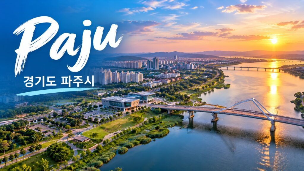 Vista panorámica de la ciudad de Paju en Gyeonggi-do al atardecer, destacando el río, puentes modernos y paisajes urbanos donde el tiempo pasa más lento.