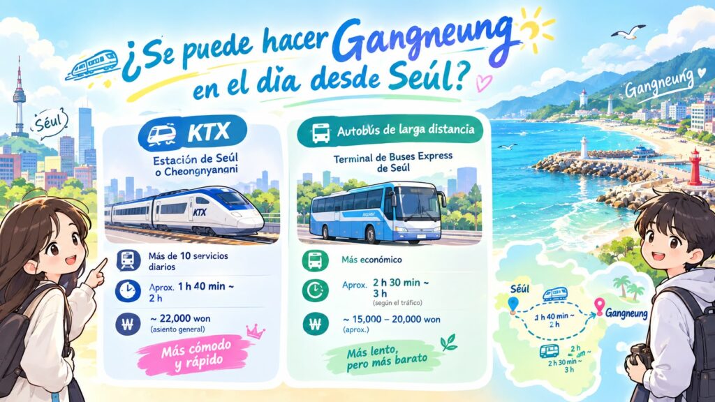 Infografía informativa sobre el transporte público desde Seúl hasta Gangneung, comparando las opciones del tren KTX (rápido y cómodo) y el autobús de larga distancia (económico), incluyendo tiempos de viaje y costos estimados.