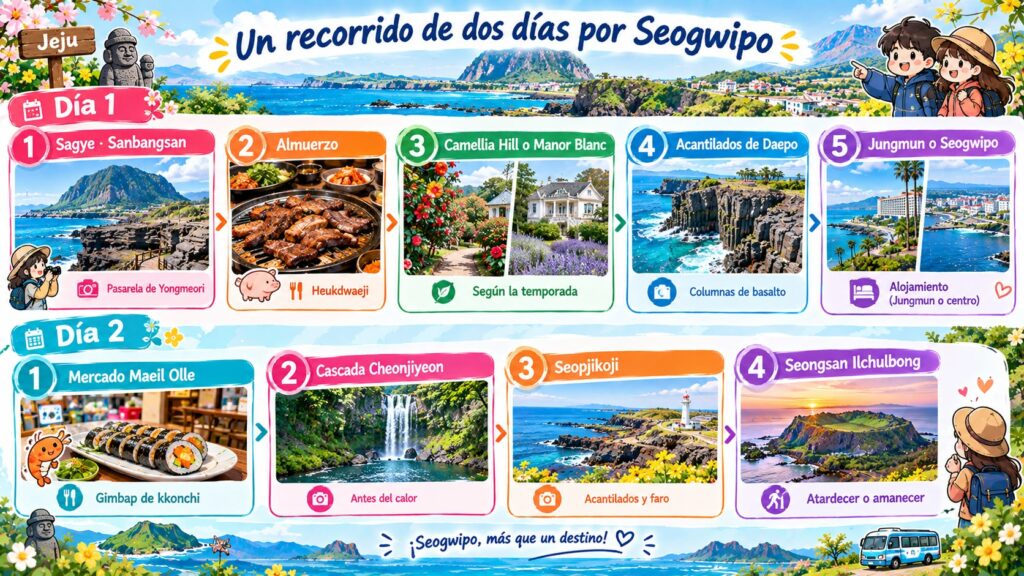 Itinerario de viaje recomendado de dos días para explorar Seogwipo en la isla de Jeju, mostrando paradas detalladas para el día 1 (Sagye, almuerzo, Camellia Hill, acantilados de Daepo, Jungmun) y el día 2 (mercado Maeil Olle, cascada Cheonjiyeon, Seopjikoji, Seongsan Ilchulbong)