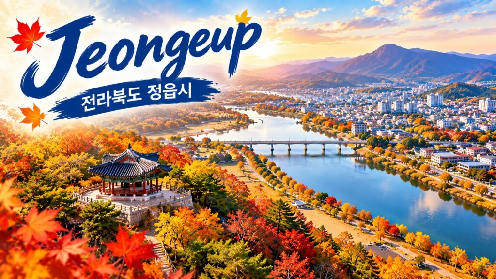 Vista panorámica de la ciudad de Jeongeup en Jeollabuk-do, destacando paisajes naturales con follaje otoñal y arquitectura tradicional coreana.