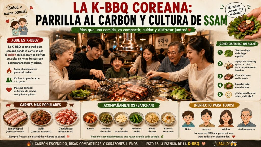 Infografía sobre la barbacoa coreana o K-BBQ, la parrilla al carbón y la tradicional cultura del Ssam