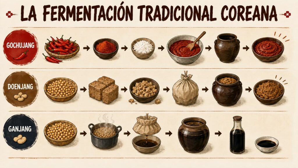 Infografía sobre los métodos tradicionales de fermentación y fabricación coreana de gochujang, doenjang y ganjang