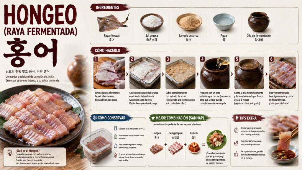 Guía visual e infografía sobre el Hongeo, la raya fermentada tradicional de Corea