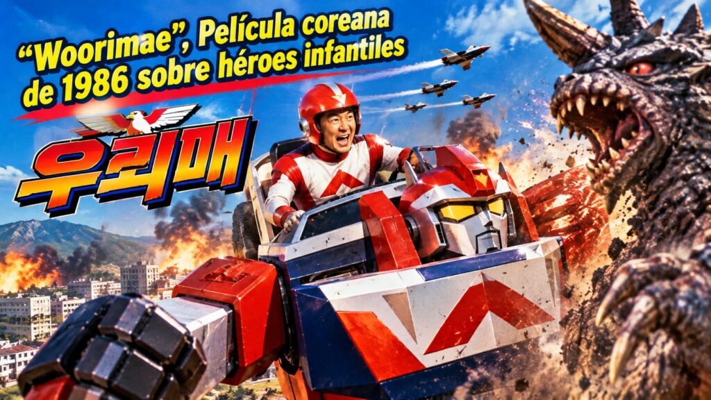 Imagen retro de la película coreana infantil de superhéroes Woorimae (우뢰매) de 1986, que muestra a un héroe pilotando un robot gigante frente a una criatura monstruosa.