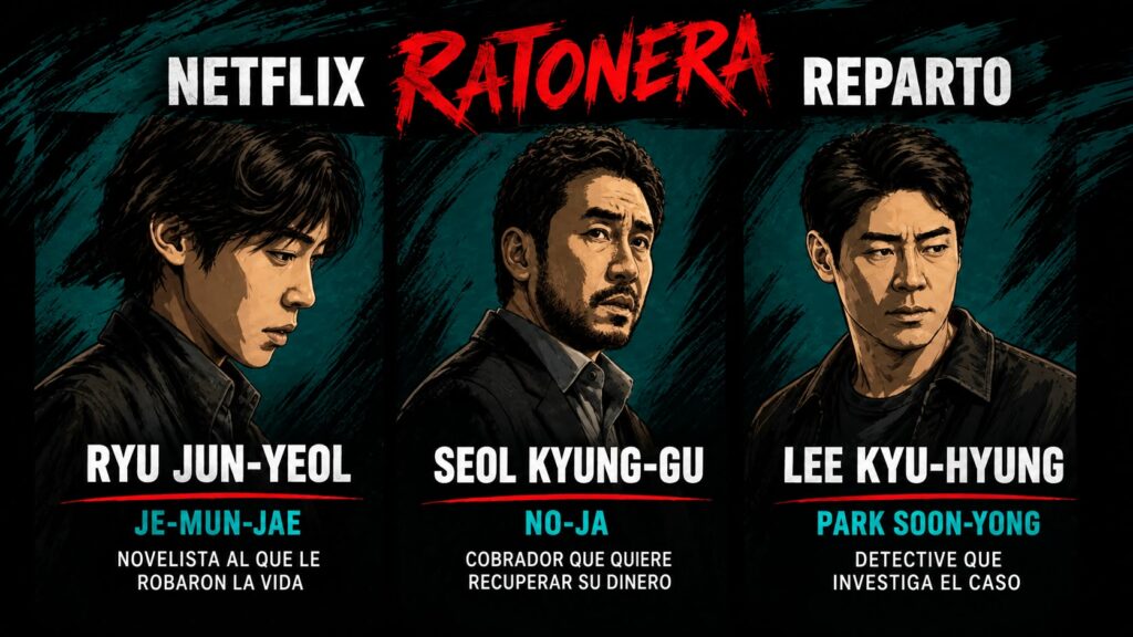 Reparto principal del thriller coreano de Netflix Ratonera, destacando a los actores Ryu Jun-yeol como Je-mun-jae, Seol Kyung-gu como No-ja y Lee Kyu-hyung como Park Soon-yong.