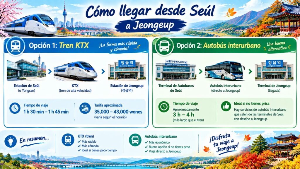 Guía de transporte para llegar a Jeongeup desde Seúl, detallando opciones de viaje en KTX y autobús interurbano con tiempos estimados, tarifas y recomendaciones.