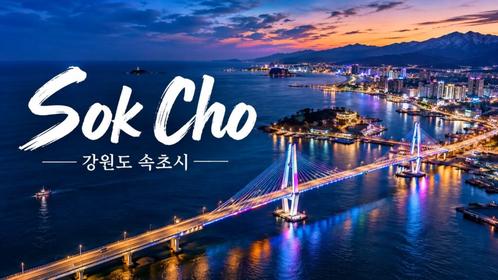 Vista panorámica nocturna de la ciudad costera de Sokcho en Gangwon-do, destacando su espectacular puente iluminado, el mar y las montañas al fondo.
