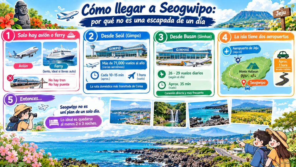 Infografía detallada sobre cómo viajar y transportarse hacia Seogwipo en la isla de Jeju, detallando opciones de transporte como avión o ferry, salidas desde Seúl y Busan, aeropuertos y consejos de estancia.