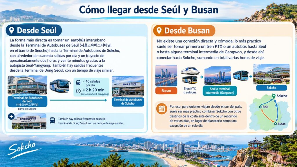 Guía de transporte público para llegar a Sokcho desde Seúl y Busan, detallando opciones de autobuses interurbanos, tiempos estimados y rutas de viaje.