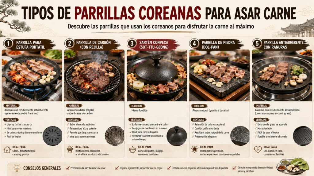 Infografía con las características y ventajas de los 5 tipos de parrillas y planchas utilizadas en la barbacoa coreana