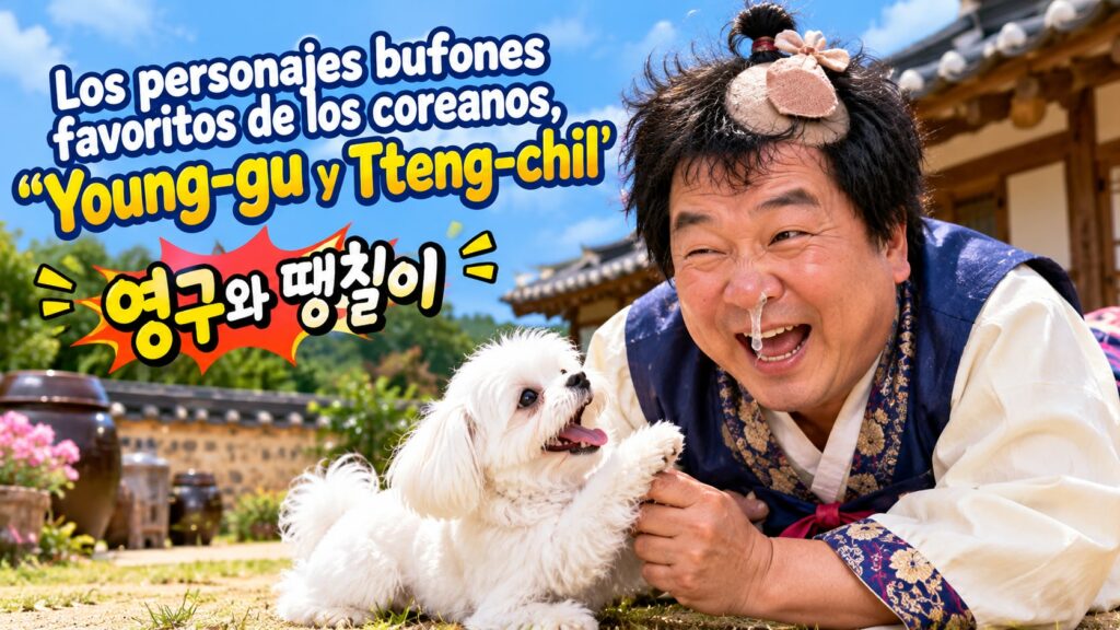 Imagen humorística de los icónicos personajes coreanos Young-gu y Tteng-chil, mostrando al comediante con una expresión divertida junto a un perro blanco en un entorno tradicional.