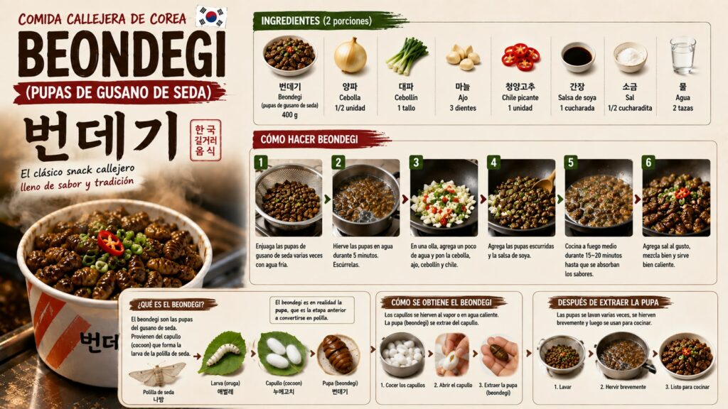 Guía visual e infografía sobre el Beondegi, el clásico snack callejero de pupas de gusano de seda en Corea